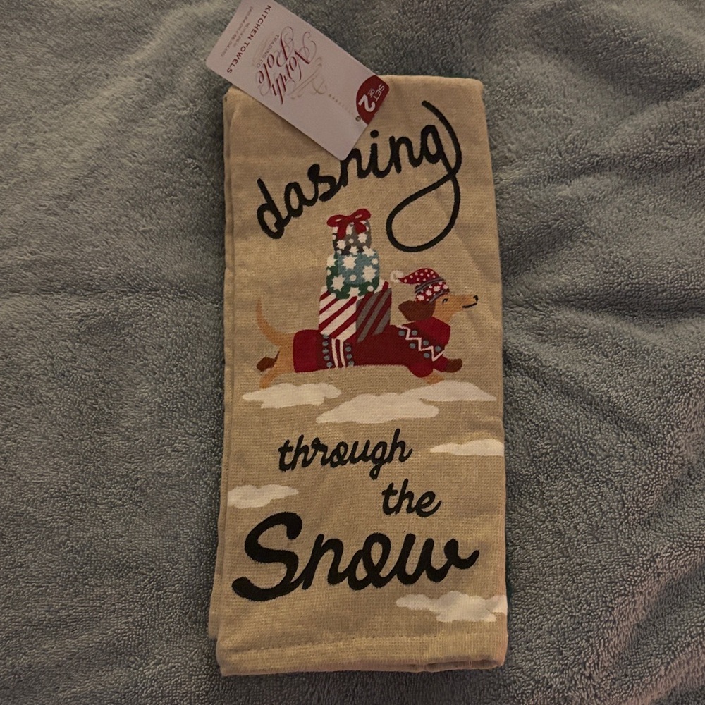 Festive Holiday Kitchen Towel - Beige with Red and Green Accents dachshund